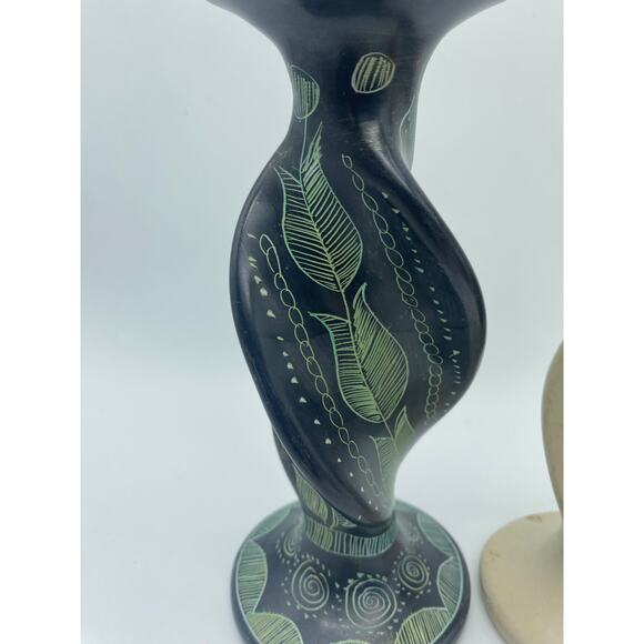 Boho Eclectic pair mismatched hand carved Soapstone candle holder Grey, white - Picture 3 of 7